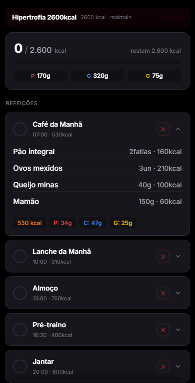 Tela da área de nutrição